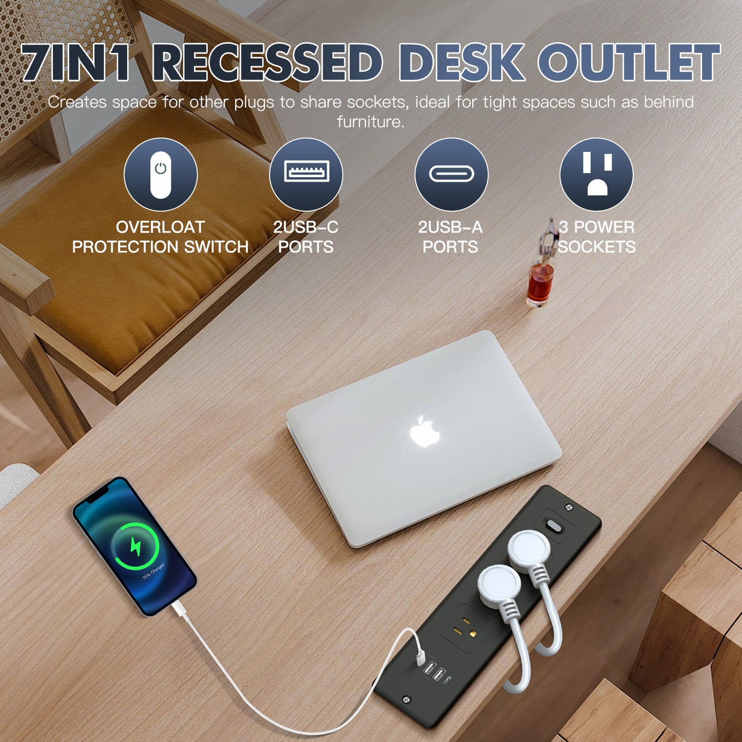 Recessed Power Strip, Furniture Desk Drawer Outlet with 2 USB-C & 2 USB-A, Plug in 3 Outlets, Flush Mount 5.6FT Bold Extension Cord Conference Desk Outlet Fast Charge for Home Office, Black