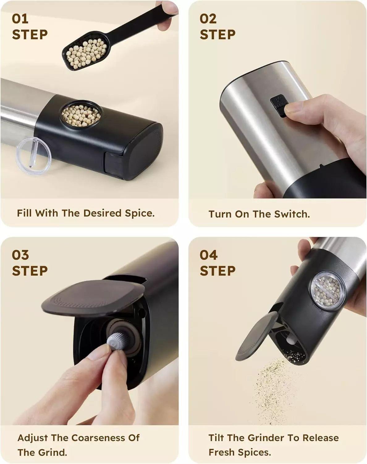 OGEDNAC Electric Salt and Pepper Grinder Set, Automatic Salt & Pepper Mill with USB Rechargeable Charging Base, Electric Salt and Pepper Grinder Mill with Led Light and 5 Adjustable Coarseness