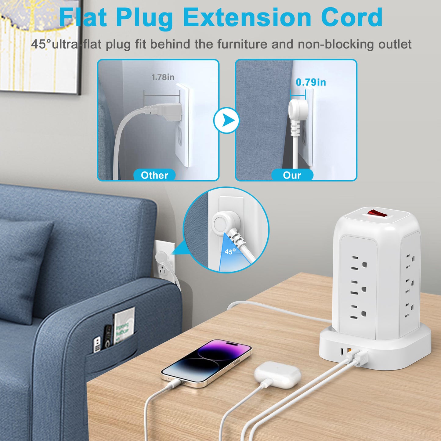 Tower Power Strips with Surge Protection, OGEDNAC Surge Protector with 12 Outlets 4 USB Ports, 5.1FT Extension Cord Desk Charging Station for Home Office Supplies Dorm Essentials, White