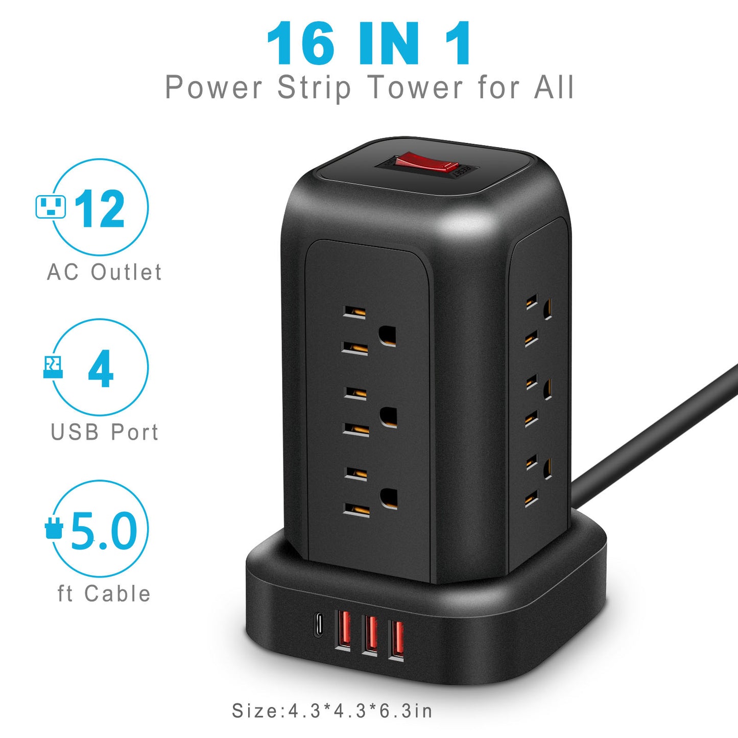 Tower Power Strips with Surge Protection, OGEDNAC Surge Protector with 12 Outlets 4 USB Ports, 5.1FT Extension Cord Desk Charging Station for Home Office Supplies Dorm Essentials, Black