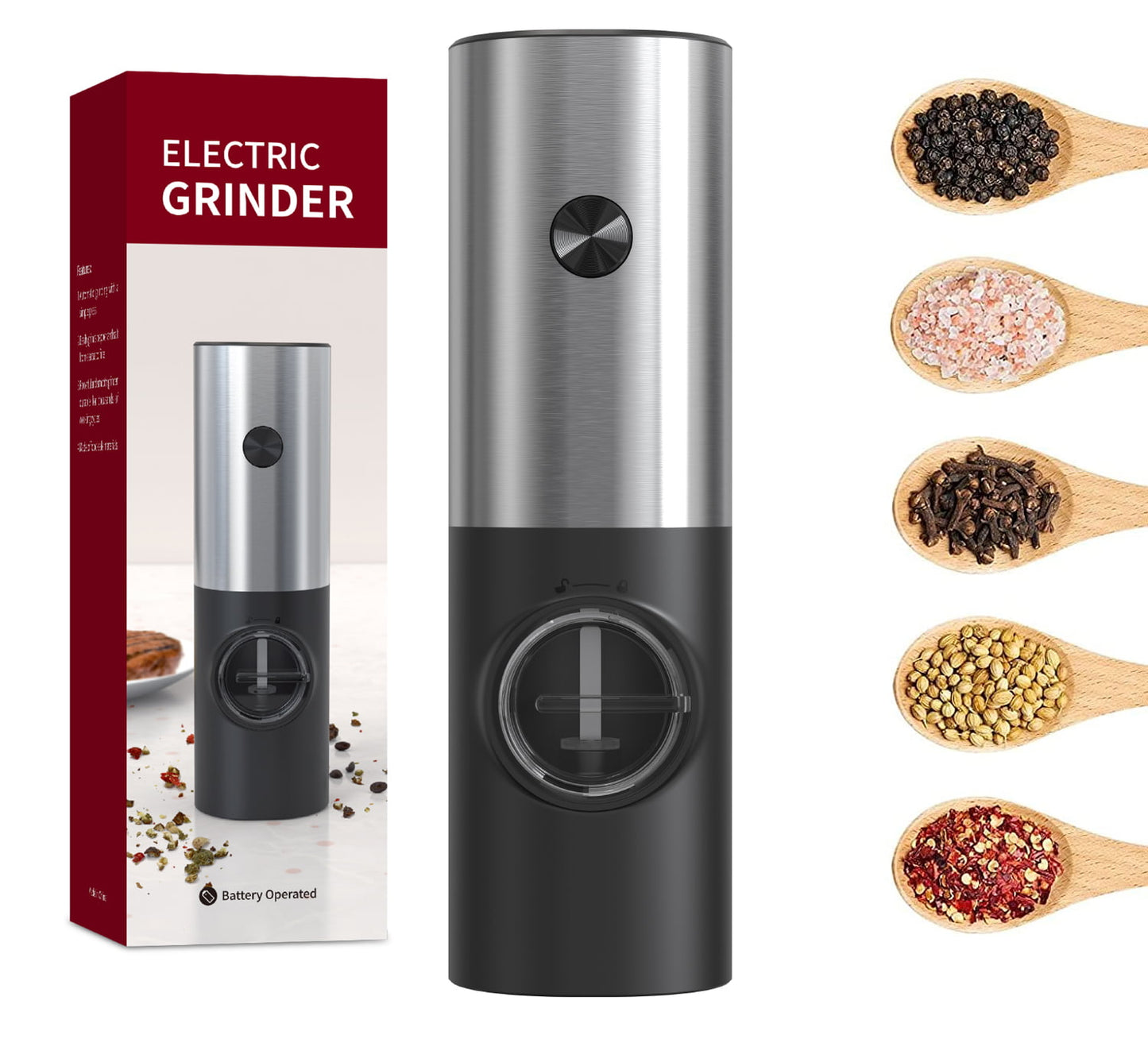 Electric Salt and Pepper Grinder, OGEDNAC Automatic Pepper Mill Spice Grinder Battery Operated with Adjustable Coarseness, LED Light, One Hand Operated, Stainless Steel