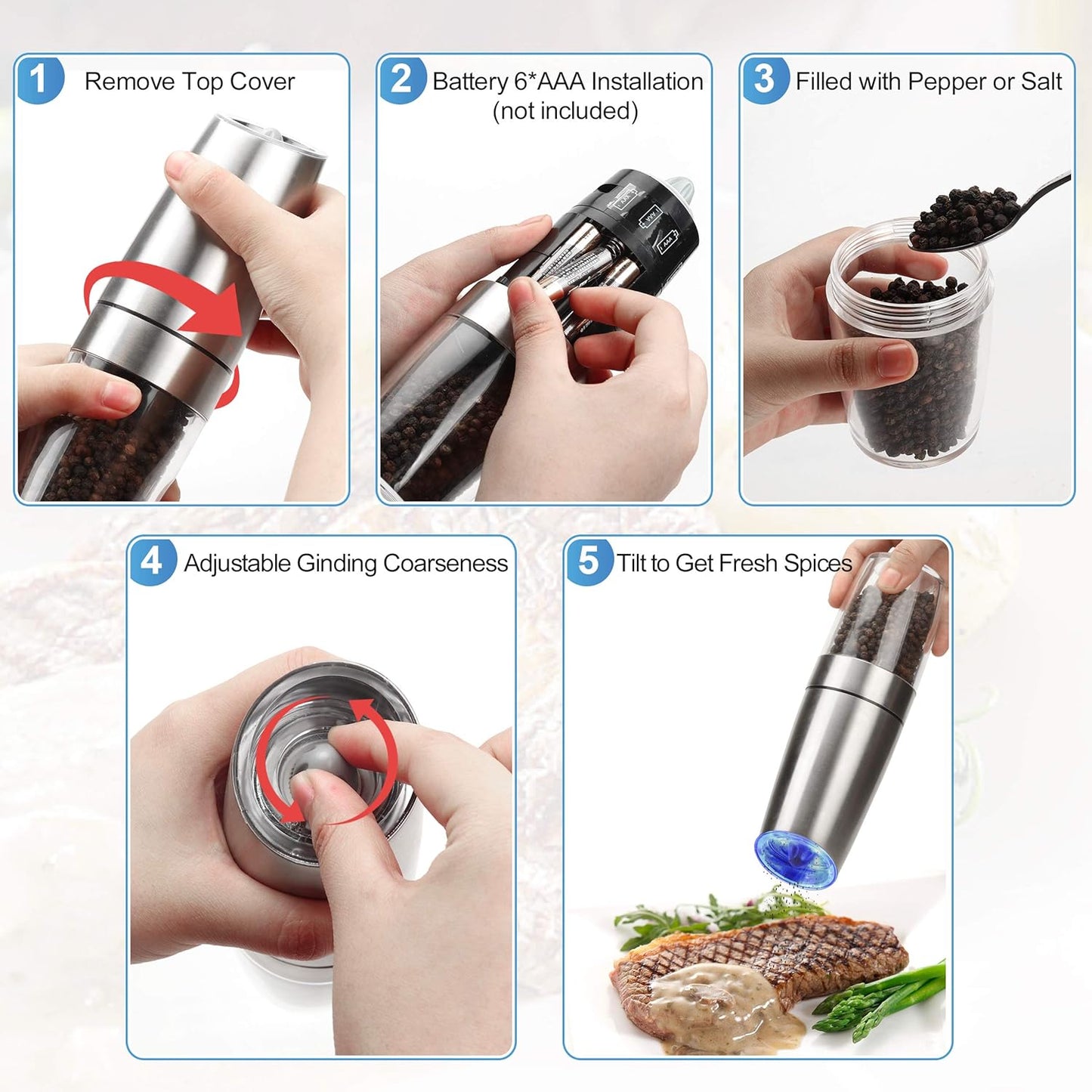 OGEDNAC Pepper Grinder, Gravity Electric Pepper Mill, Battery Operated Automatic Salt Mill with Blue LED Light, One Handed Operation, Adjustable Coarseness, Silver
