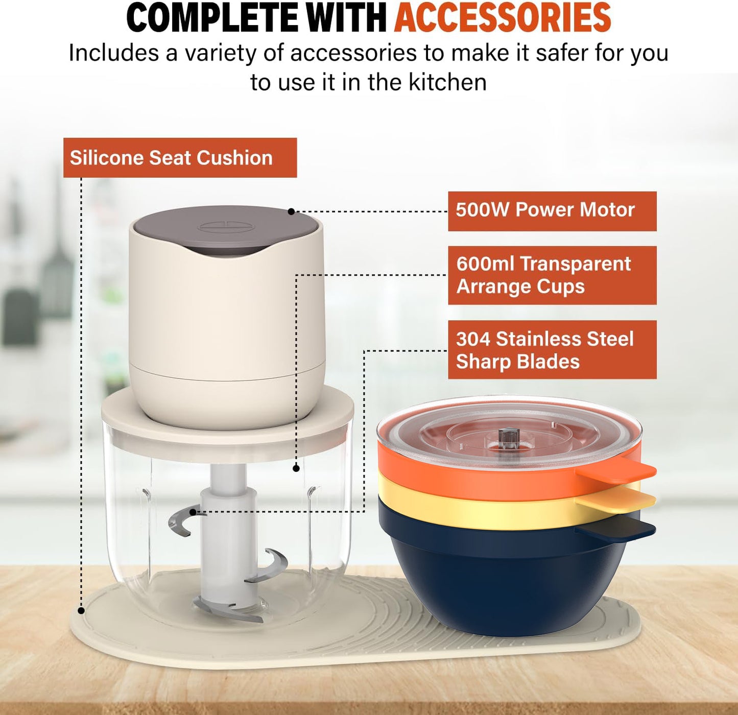 OGEDNAC Food Processor, Electric Food Chopper with 4 Bowls (2.5 Cup+3 * 1 Cup), Meat Grinder with 2 Sets Stainless Steel Blades, Small Blender for Baby Food, Meat and Vegetables, Beige