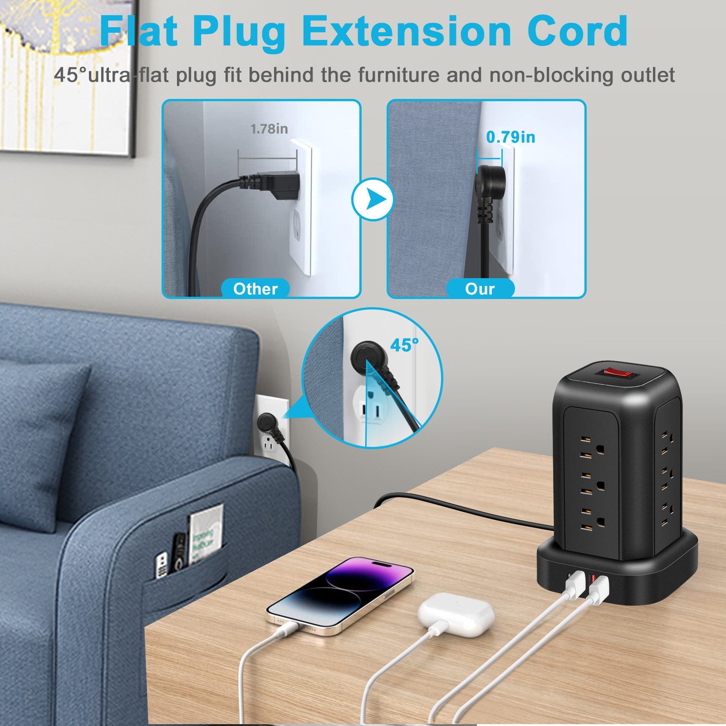 Tower Power Strips with Surge Protection, OGEDNAC Surge Protector with 12 Outlets 4 USB Ports, 5.1FT Extension Cord Desk Charging Station for Home Office Supplies Dorm Essentials, Black