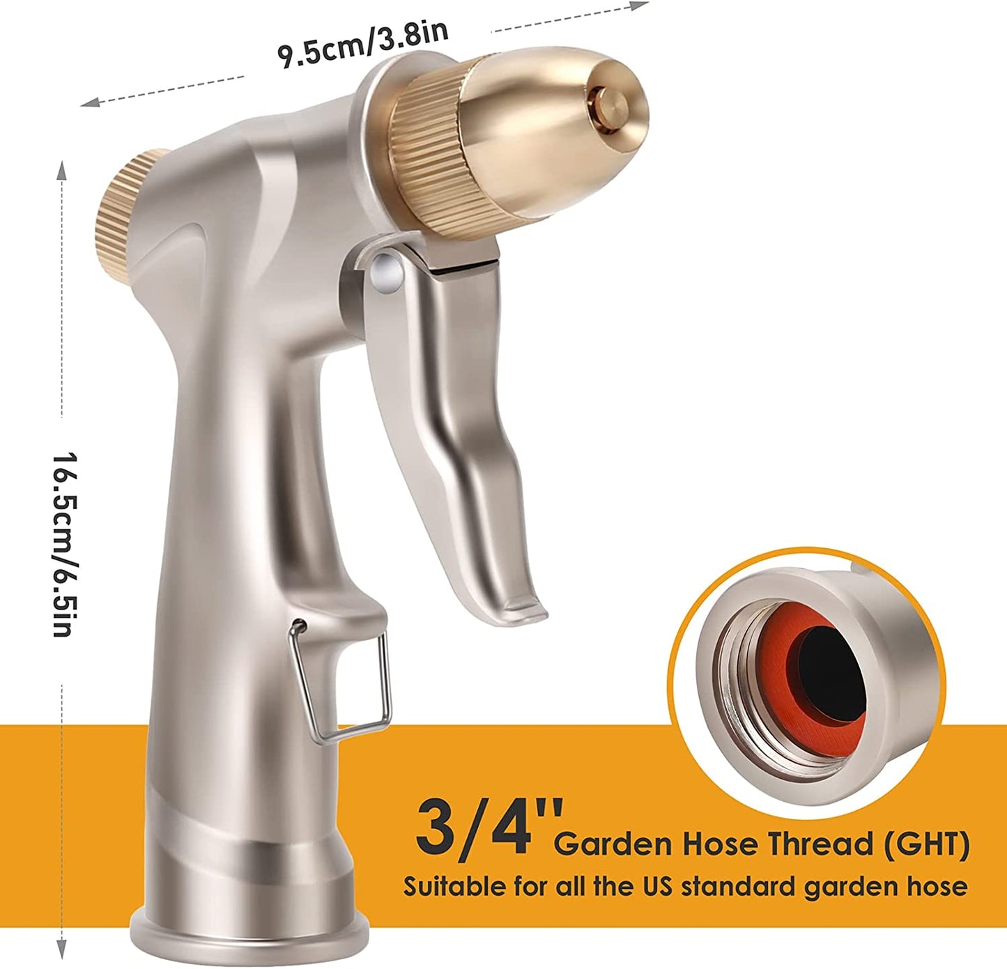 OGEDNAC Heavy Duty Garden Hose Nozzle Spray Brass Nozzle Zinc Alloy Hand Sprayer for Gardening Watering Car Pet Wash, Gold