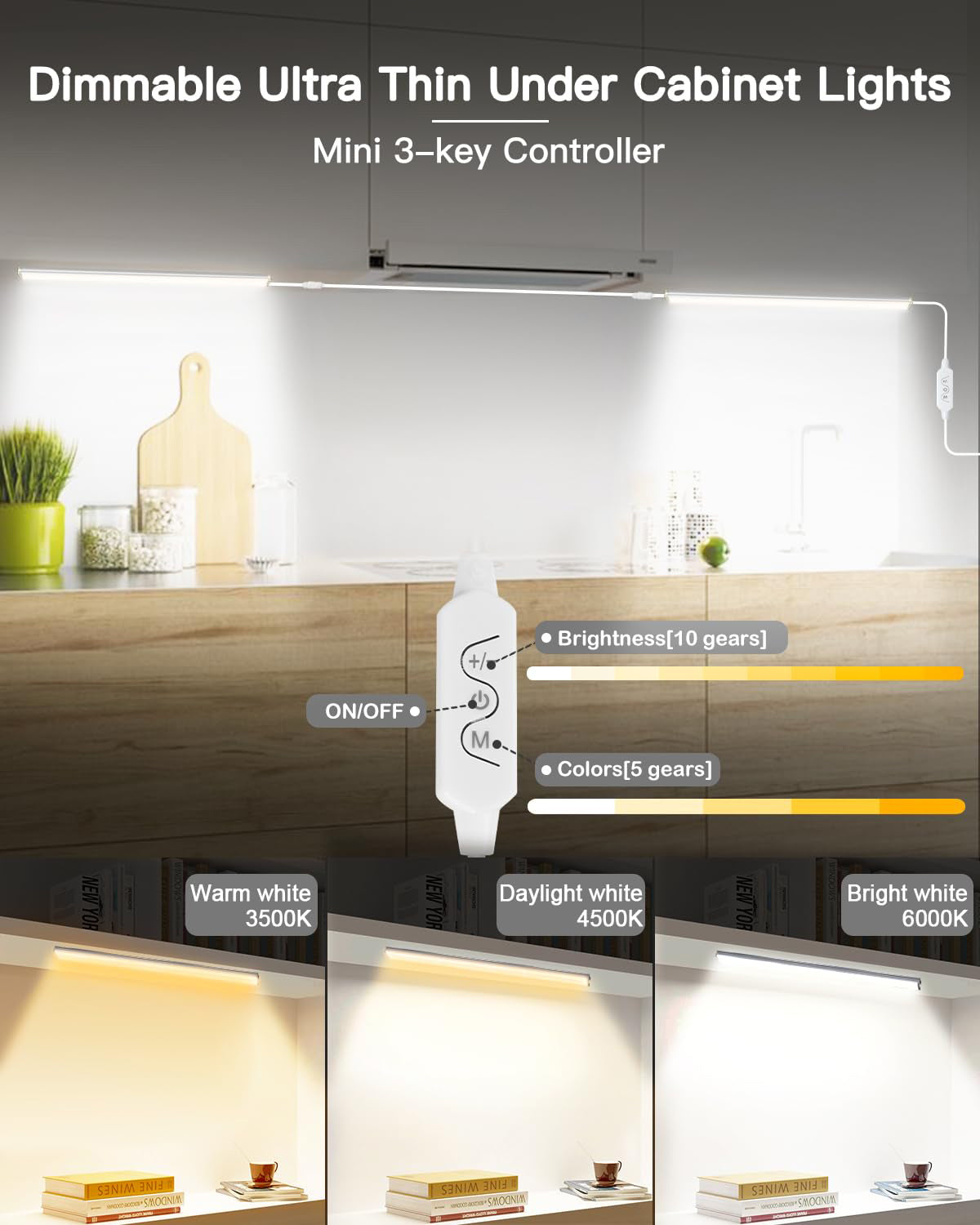 OGEDNAC Under Cabinet Lights, 12 Inch Under Cabinet Lighting with Remote, Dimmable LED Closet Light for Bedroom, Kitchen Cabinet, Counter Shelf 2700K-6500K Warm to Daylight White, 3 Pcs