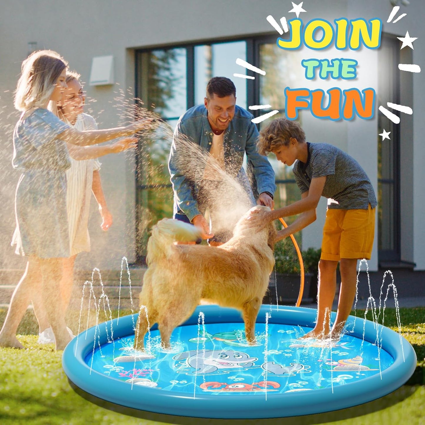 OGEDNAC 68" Water Sprinkler Pad, Inflatable Splash Pad for Kids and Adults Summer Outdoor Backyard Lawn Games Water Play Toy Mat, Blue