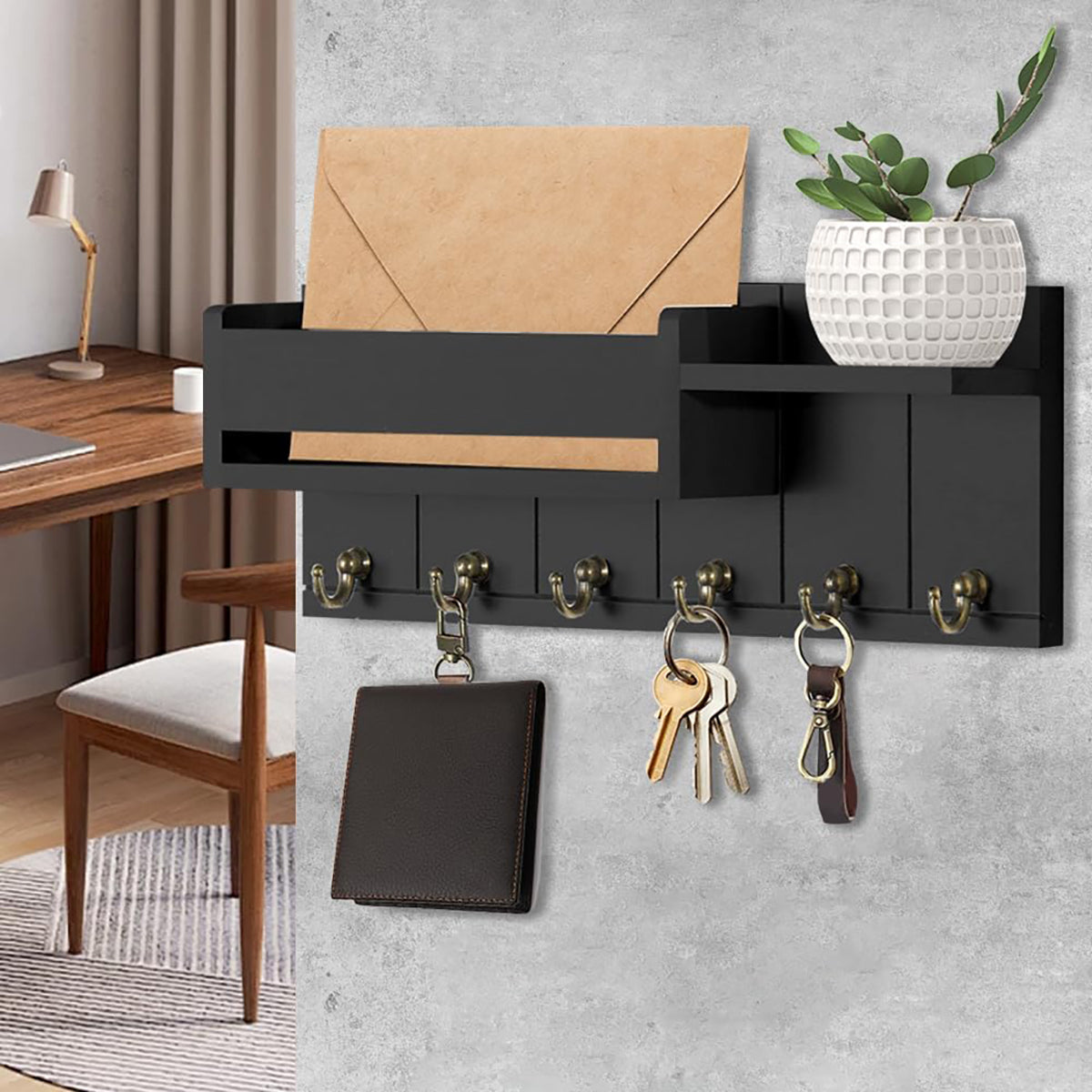 Key Holder Wall Mount, Decorative Key Rack and Mail Organizer with 6 Key Hooks, Wooden Key Hanger with Shelf for Living Room Decor, Rustic Farmhouse Home Entryway Aesthetic Essentials