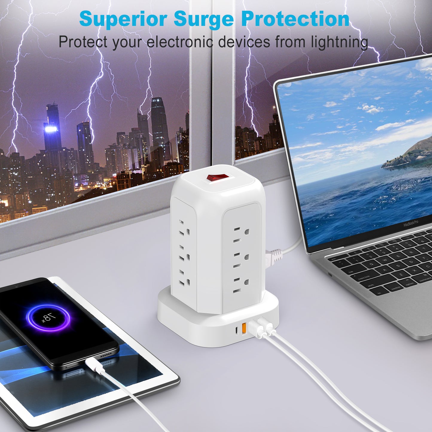 Tower Power Strips with Surge Protection, OGEDNAC Surge Protector with 12 Outlets 4 USB Ports, 5.1FT Extension Cord Desk Charging Station for Home Office Supplies Dorm Essentials, White
