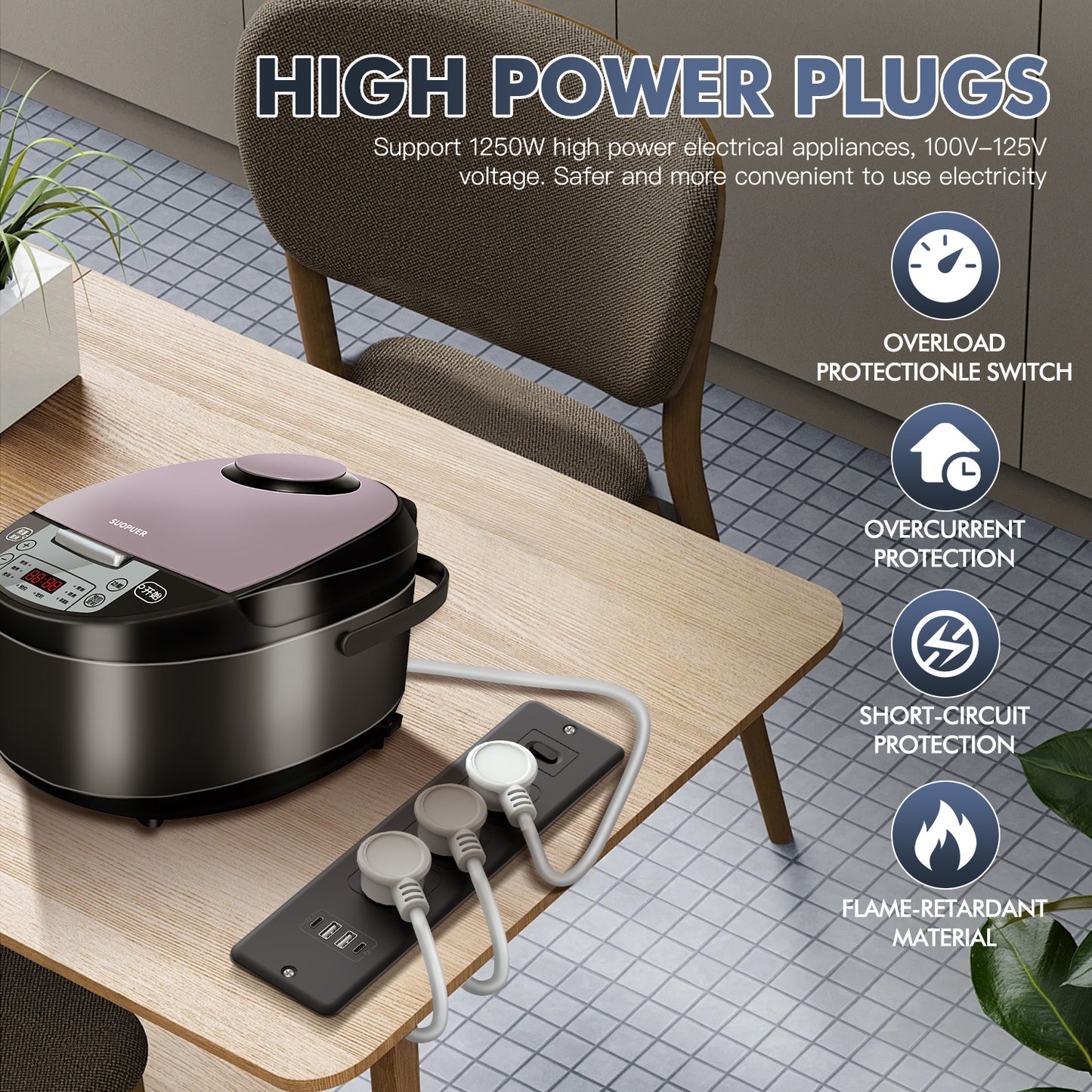 Recessed Power Strip, Furniture Desk Drawer Outlet with 2 USB-C & 2 USB-A, Plug in 3 Outlets, Flush Mount 5.6FT Bold Extension Cord Conference Desk Outlet Fast Charge for Home Office, Black