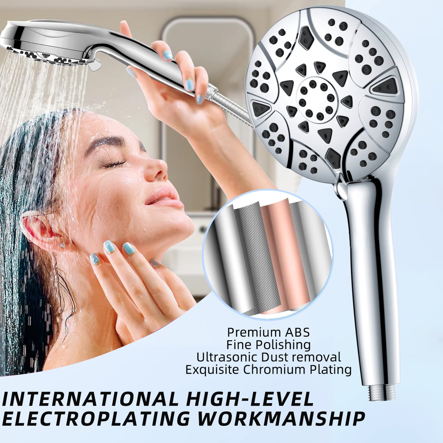 High Pressure 10 Mode Handheld Shower Head, 5 inches Shower Head with Anti-clog Nozzles, Built-in Power Wash to Clean Tub, Tile & Pets, 5 ft. Stainless Steel Hose, Wall & Overhead Brackets