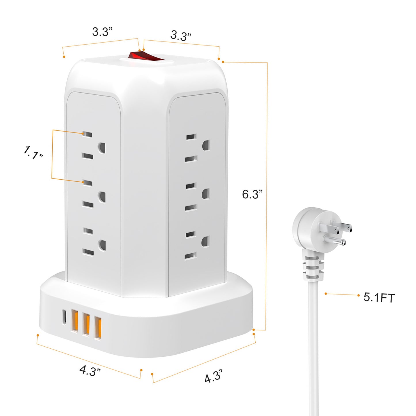 Tower Power Strips with Surge Protection, OGEDNAC Surge Protector with 12 Outlets 4 USB Ports, 5.1FT Extension Cord Desk Charging Station for Home Office Supplies Dorm Essentials, White