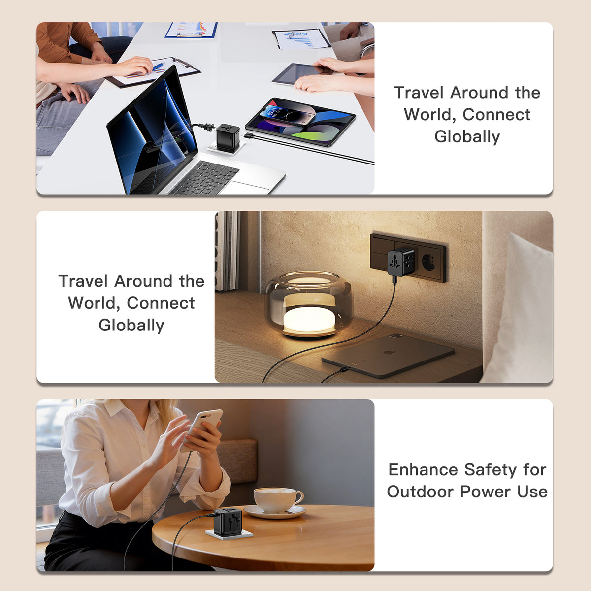 OGEDNAC Mini Universal Travel Adapter, Fast Charger with 3 USB-C, 1 USB-A and 2 AC, International Plug Adapter, Black