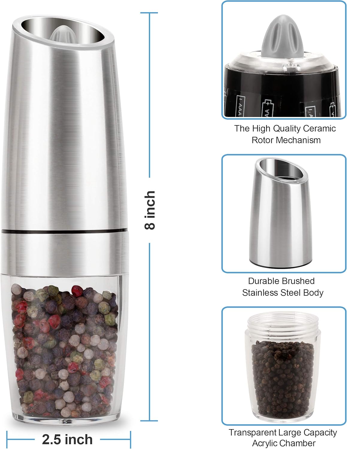 OGEDNAC Pepper Grinder, Gravity Electric Pepper Mill, Battery Operated Automatic Salt Mill with Blue LED Light, One Handed Operation, Adjustable Coarseness, Silver