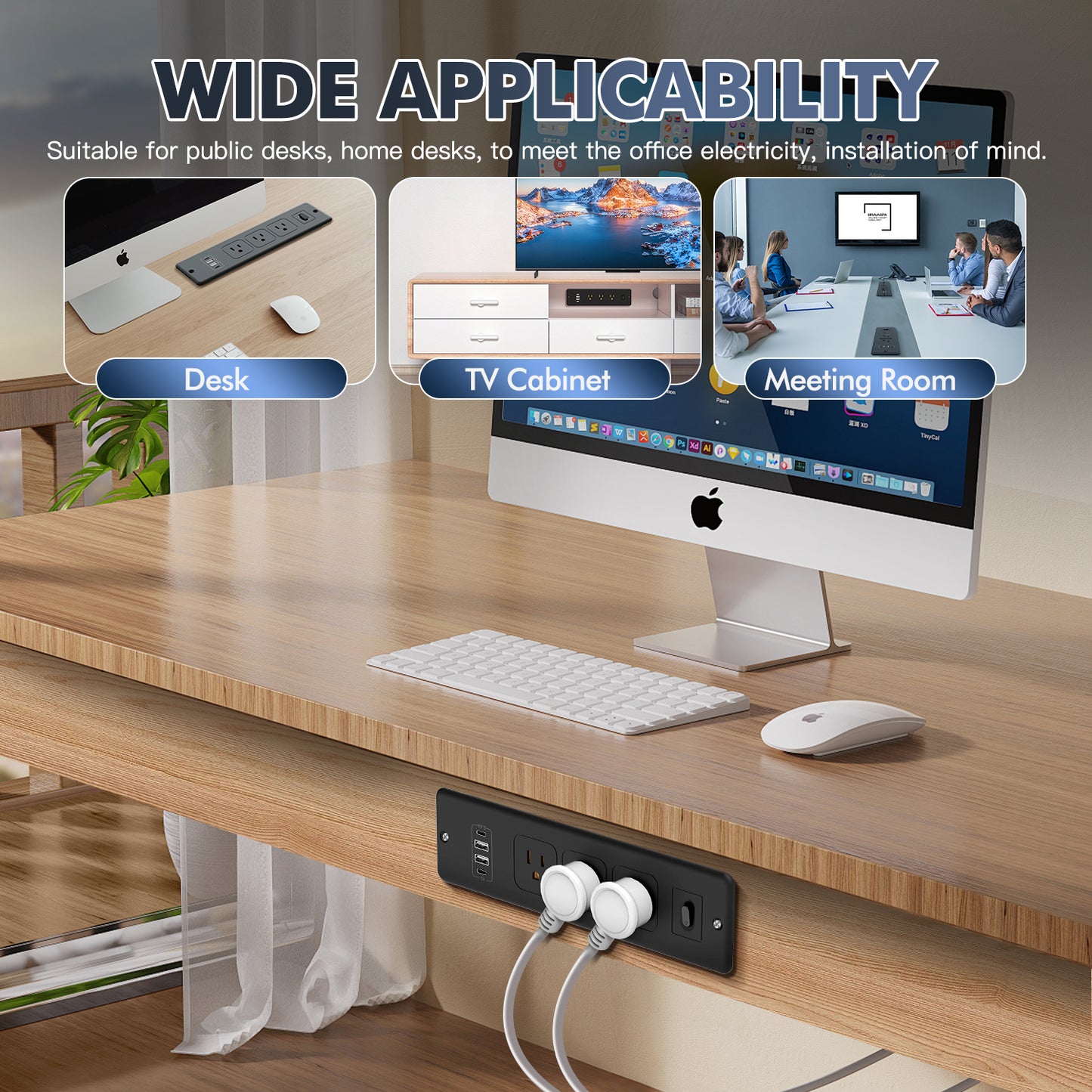 Recessed Power Strip, Furniture Desk Drawer Outlet with 2 USB-C & 2 USB-A, Plug in 3 Outlets, Flush Mount 5.6FT Bold Extension Cord Conference Desk Outlet Fast Charge for Home Office, Black