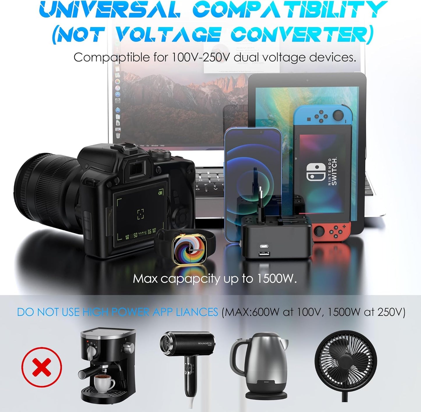 Universal Travel Adapter, OGEDNAC International Conversion Plug Adapter with Type C, European Travel Plug Adapter for USA EU UK AUS, Black