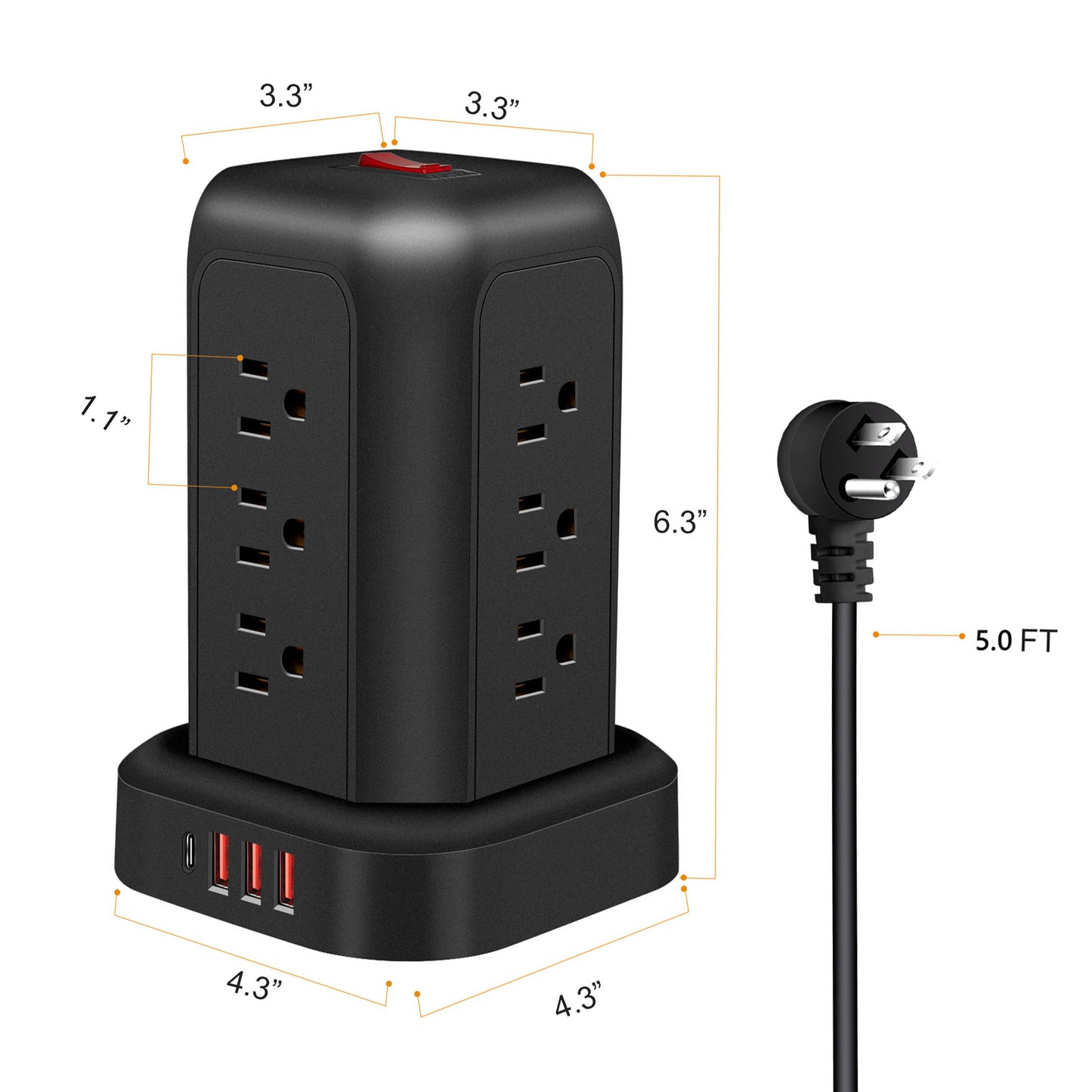 Tower Power Strips with Surge Protection, OGEDNAC Surge Protector with 12 Outlets 4 USB Ports, 5.1FT Extension Cord Desk Charging Station for Home Office Supplies Dorm Essentials, Black
