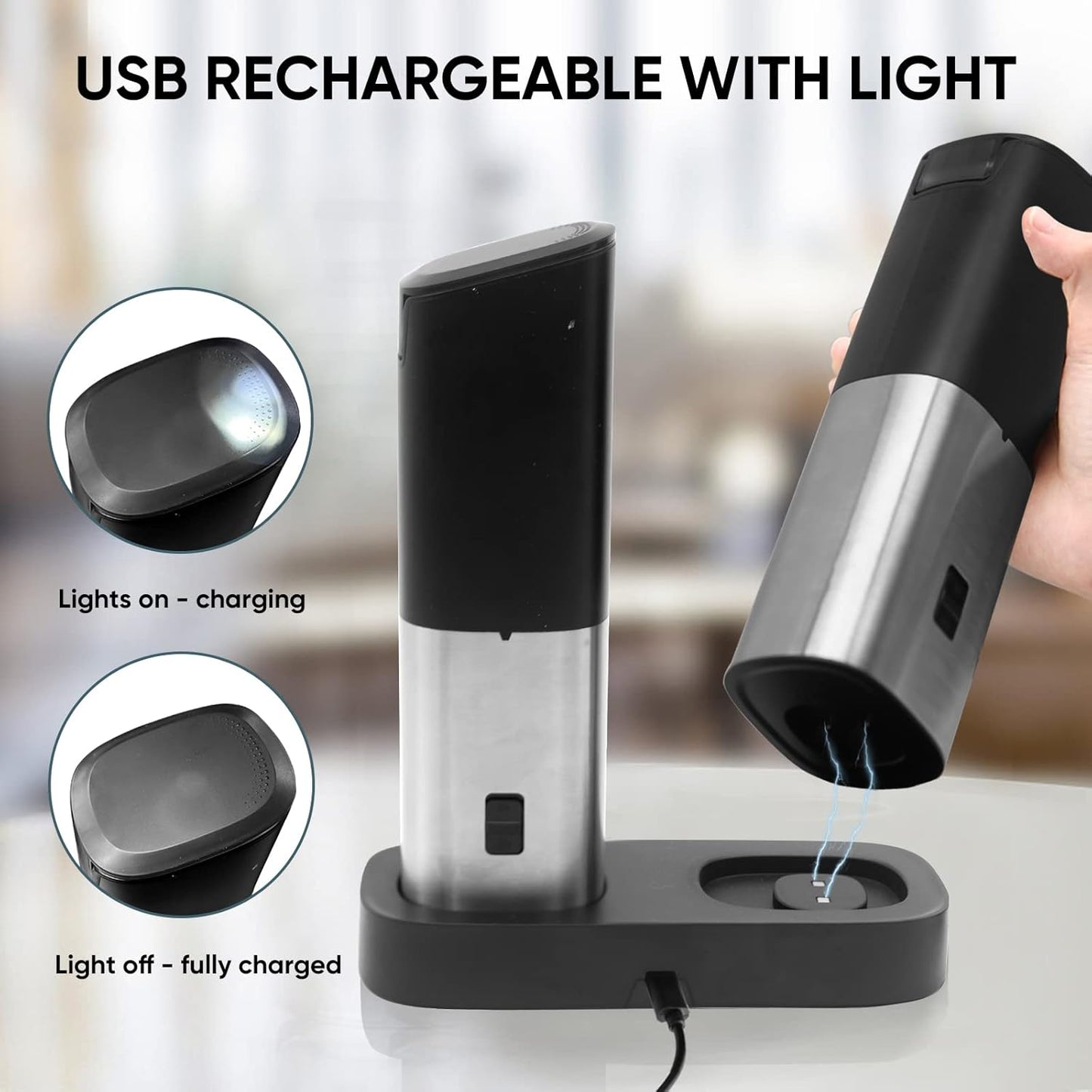 OGEDNAC Electric Salt and Pepper Grinder Set, Automatic Salt & Pepper Mill with USB Rechargeable Charging Base, Electric Salt and Pepper Grinder Mill with Led Light and 5 Adjustable Coarseness