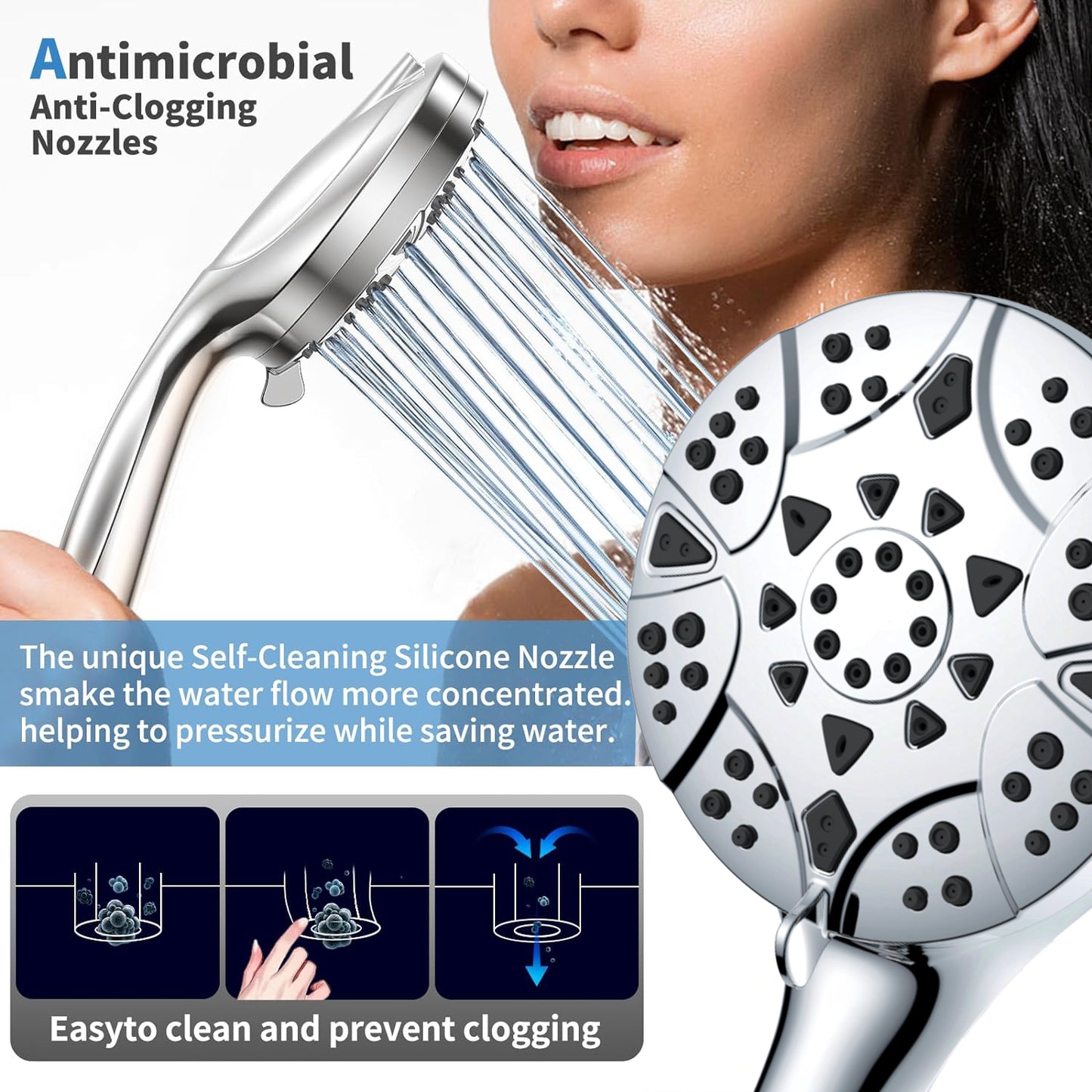 High Pressure 10 Mode Handheld Shower Head, 5 inches Shower Head with Anti-clog Nozzles, Built-in Power Wash to Clean Tub, Tile & Pets, 5 ft. Stainless Steel Hose, Wall & Overhead Brackets