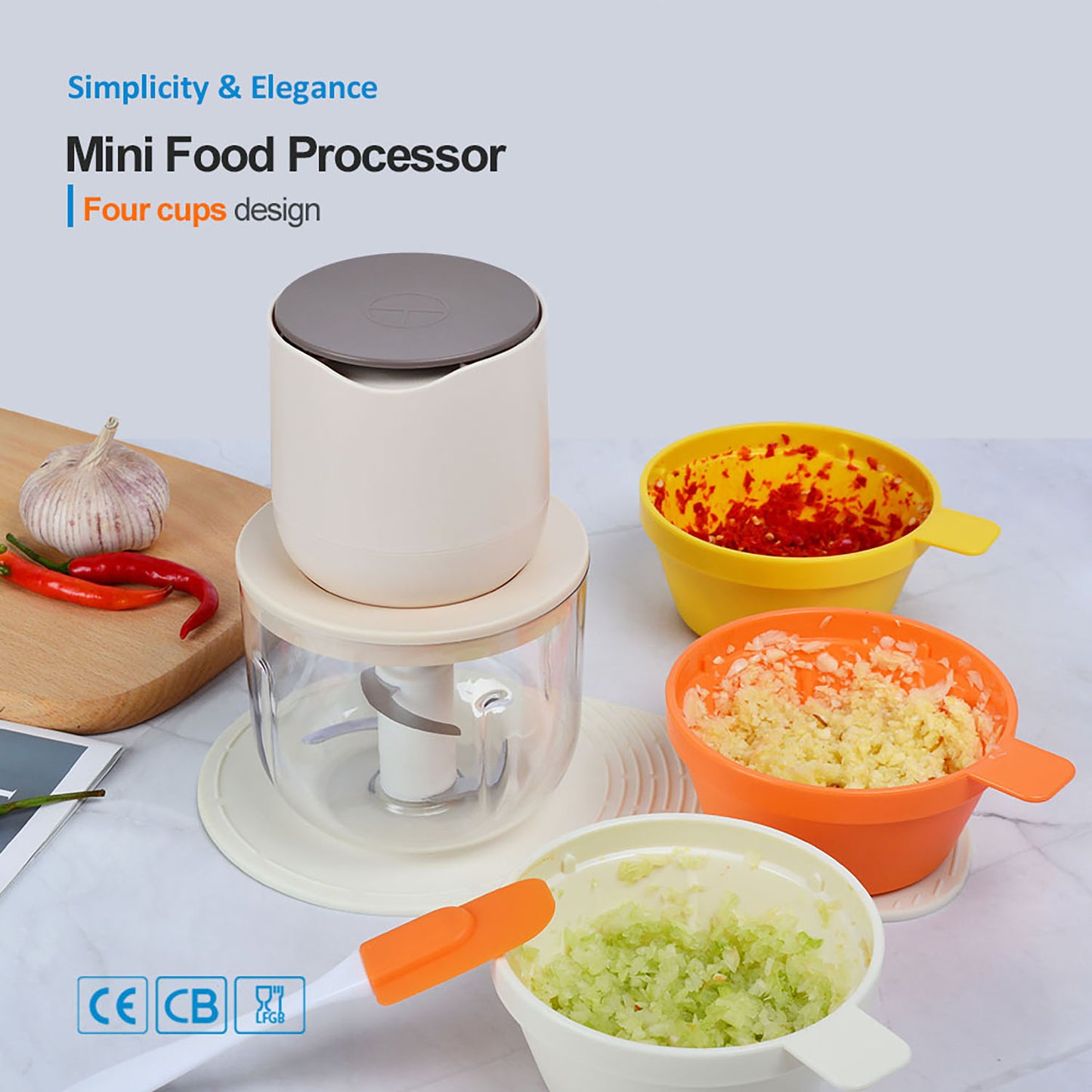 OGEDNAC Food Processor, Electric Food Chopper with 4 Bowls (2.5 Cup+3 * 1 Cup), Meat Grinder with 2 Sets Stainless Steel Blades, Small Blender for Baby Food, Meat and Vegetables, Beige