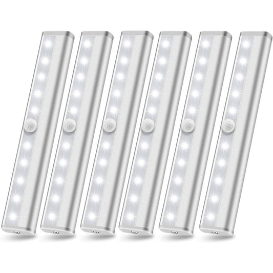 OGEDNAC Motion Sensor LED Lights, 6 Pcs 10 LED Battery Operated Motion Light, Stick-On Anywhere Magnetic Night Light Bar for Under Cabinet, Closet, Hallway, Stairway, Wardrobe, Kitchen, Vanity, White