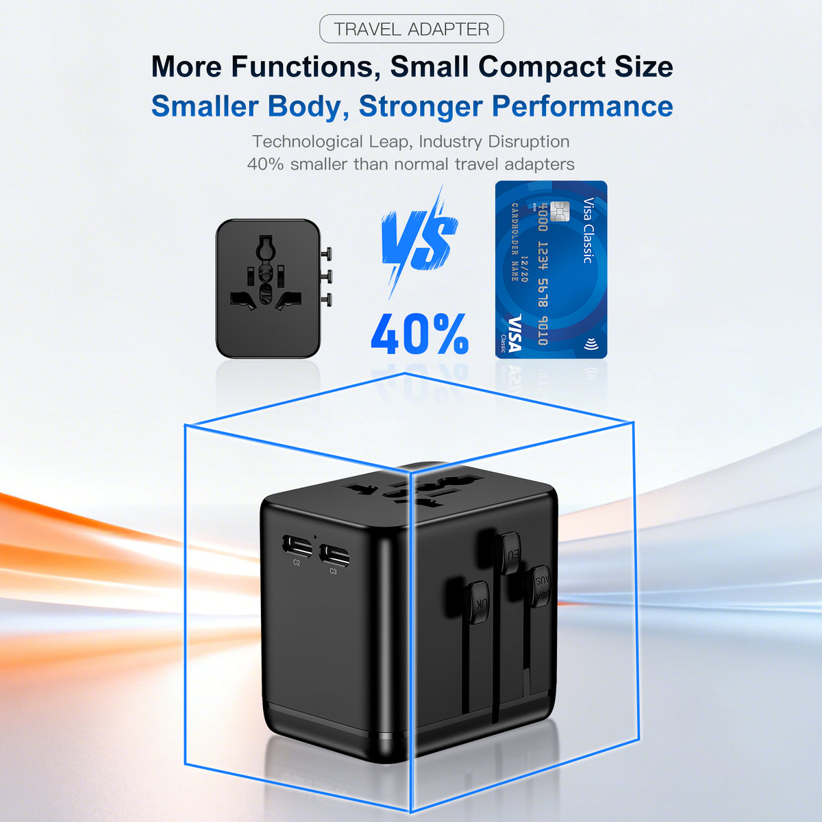 OGEDNAC Mini Universal Travel Adapter, Fast Charger with 3 USB-C, 1 USB-A and 2 AC, International Plug Adapter, Black