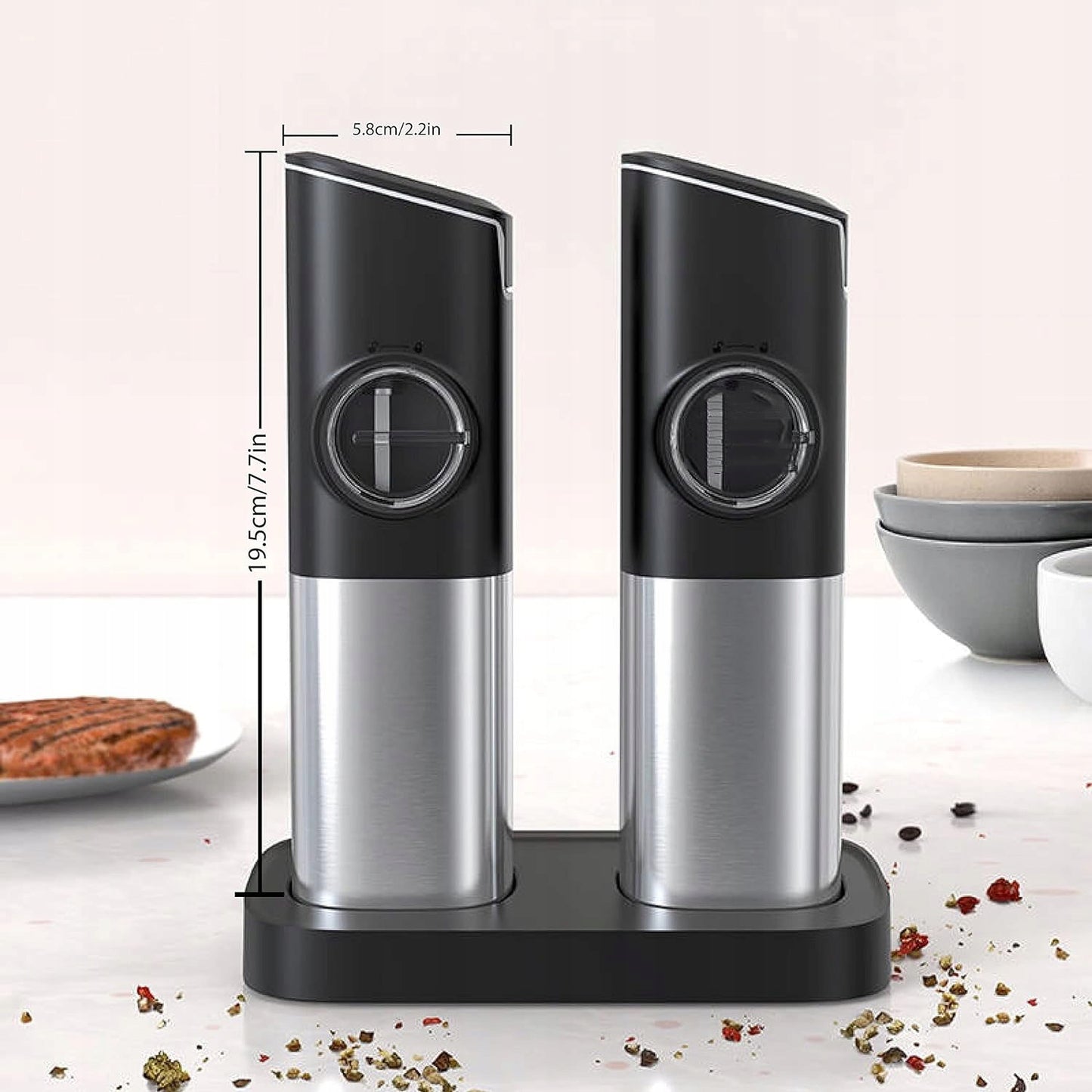 OGEDNAC Electric Salt and Pepper Grinder Set, Automatic Salt & Pepper Mill with USB Rechargeable Charging Base, Electric Salt and Pepper Grinder Mill with Led Light and 5 Adjustable Coarseness