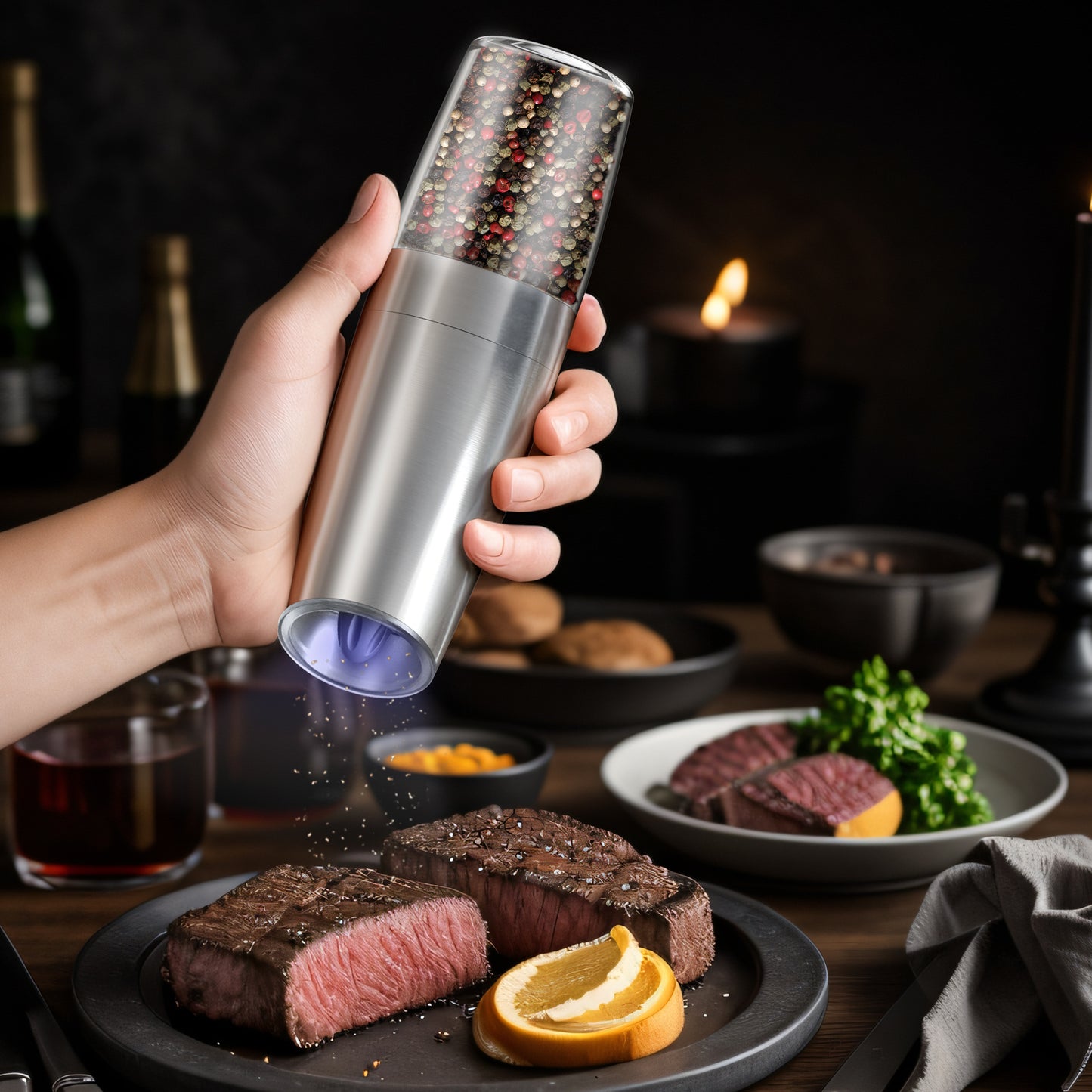 OGEDNAC Pepper Grinder, Gravity Electric Pepper Mill, Battery Operated Automatic Salt Mill with Blue LED Light, One Handed Operation, Adjustable Coarseness, Silver