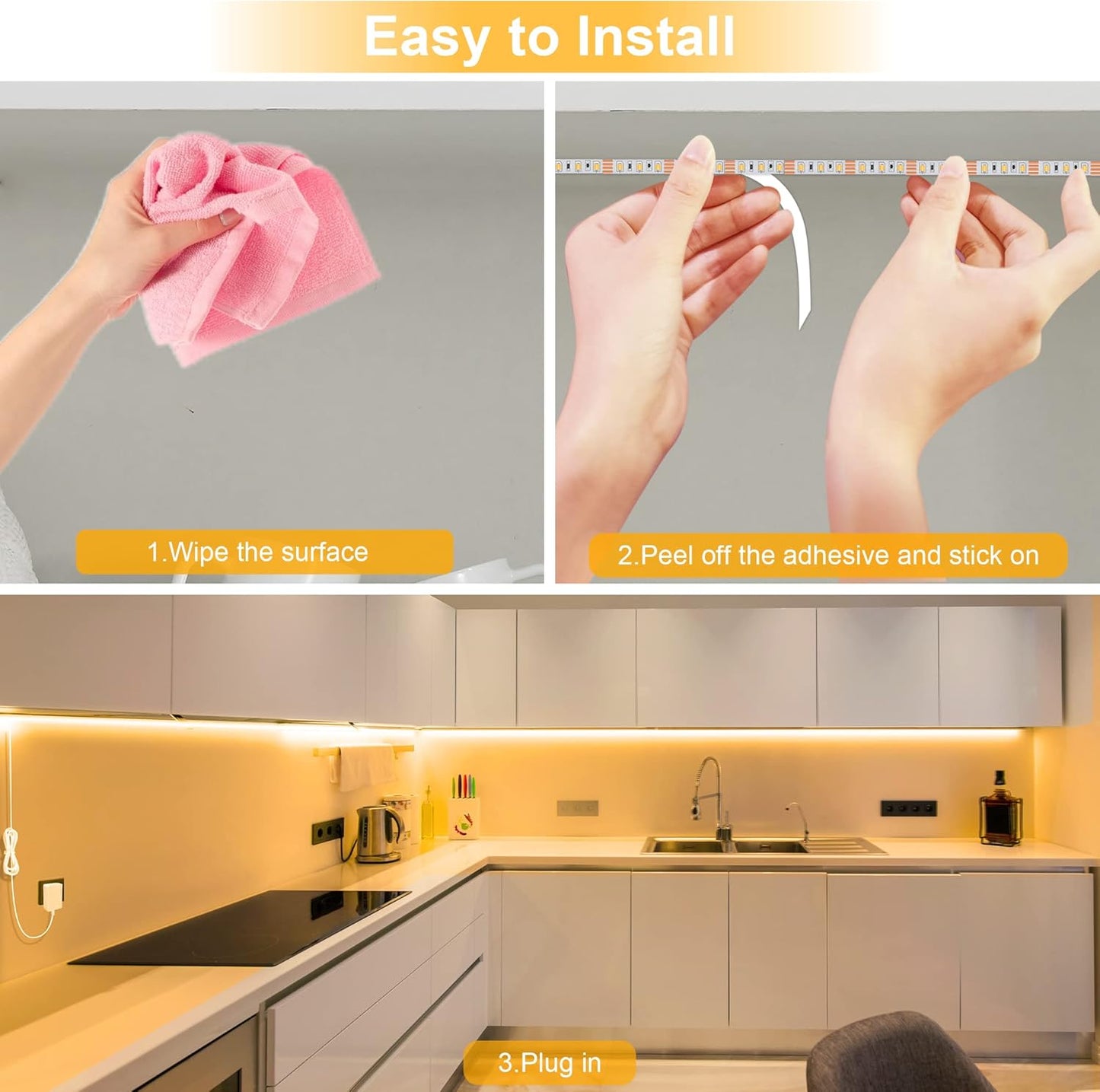OGEDNAC Under Cabinet Lighting kit, LED Strip Lights with Remote, Dimmable Under Cabinet Lights for Kitchen Cabinet, Counter, TV Back, Showcase 2700K-6500K Warm to Daylight White, 16.4ft