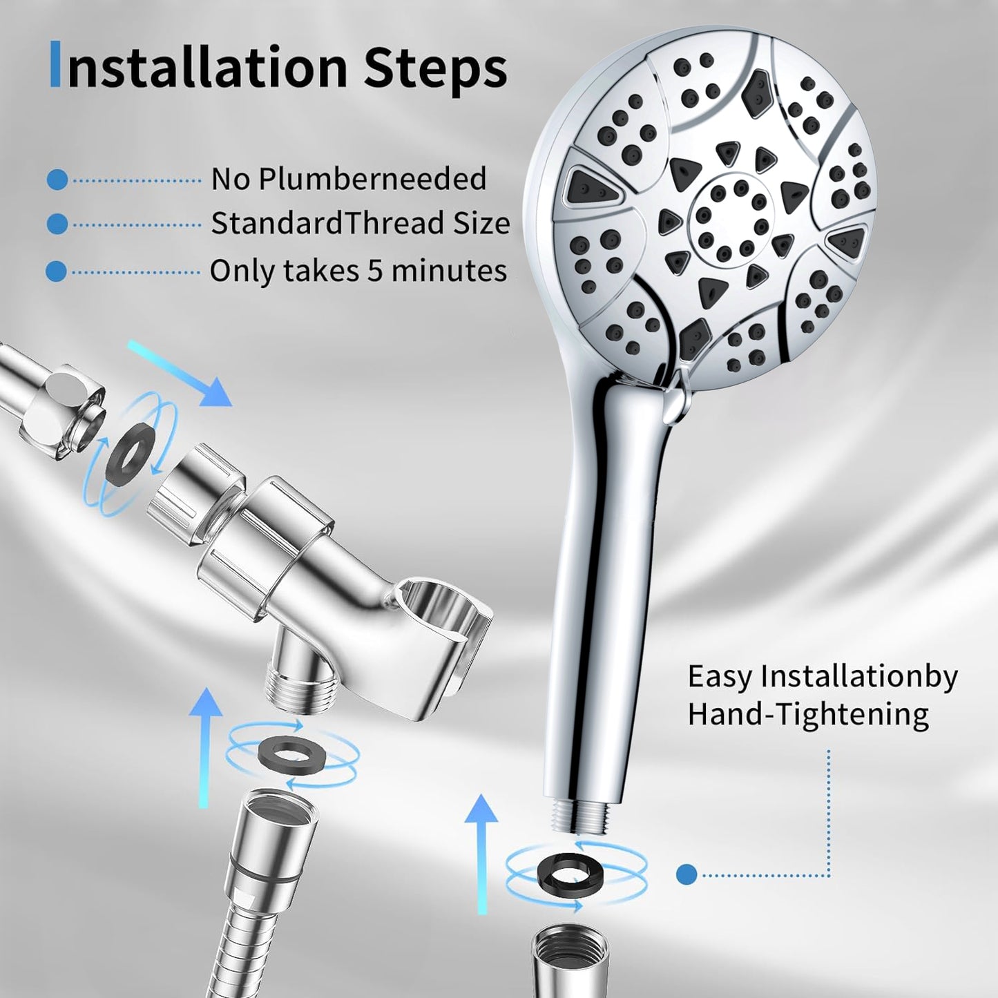 High Pressure 10 Mode Handheld Shower Head, 5 inches Shower Head with Anti-clog Nozzles, Built-in Power Wash to Clean Tub, Tile & Pets, 5 ft. Stainless Steel Hose, Wall & Overhead Brackets