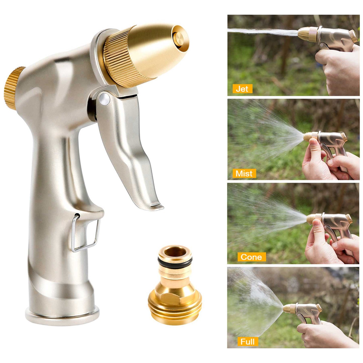 OGEDNAC Heavy Duty Garden Hose Nozzle Spray Brass Nozzle Zinc Alloy Hand Sprayer for Gardening Watering Car Pet Wash, Gold