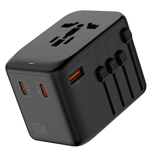 OGEDNAC Universal Travel Adapter, 65W GaN Fast Charger with 3 USB-C PD and 1 USB-A QC, International Plug Adapter with US/EU/UK/AU Worldwide Travel Socket for iPhone, Samsung, Laptops, Black