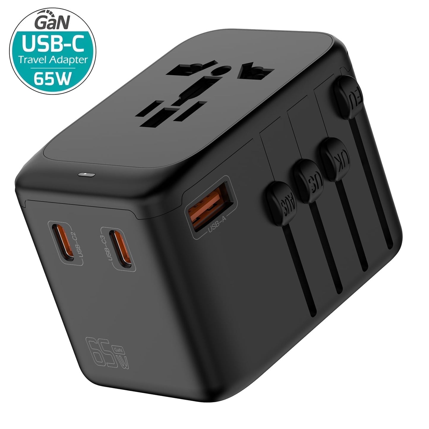 OGEDNAC Universal Travel Adapter, 65W GaN Fast Charger with 3 USB-C PD and 1 USB-A QC, International Plug Adapter with US/EU/UK/AU Worldwide Travel Socket for iPhone, Samsung, Laptops, Black