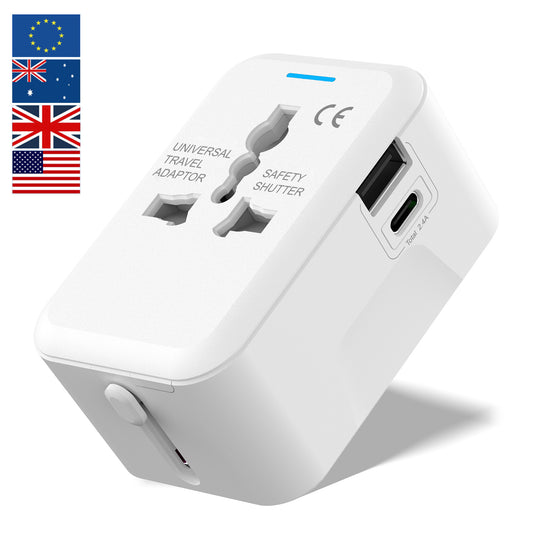 Travel Adapter Worldwide, OGEDNAC European Universal International Power Travel Plug Adapter with 2.4A Type C and 2.4A USB-A Ports Wall Charger for USA EU UK AUS Cell Phone Laptop, White