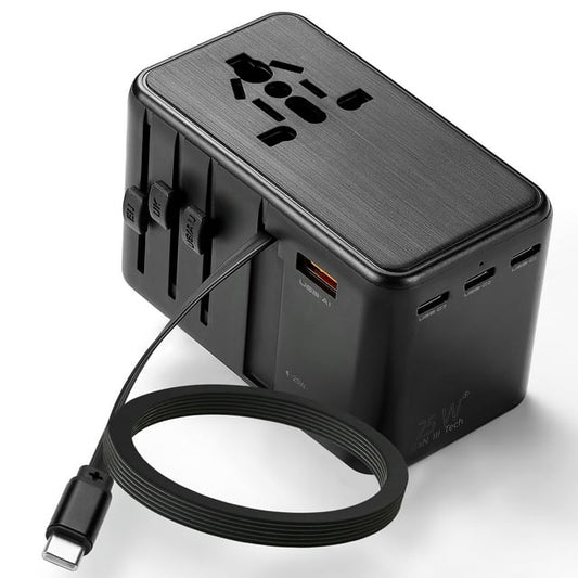 Universal Travel Adapter, OGEDNAC 25W GaN International Plug Adapter with 25W Retractable PD Fast Charge Cable, EU/UK/AU/US Worldwide Power Outlet with 4 USB(3 USB C) Charging Ports for Phones, Black