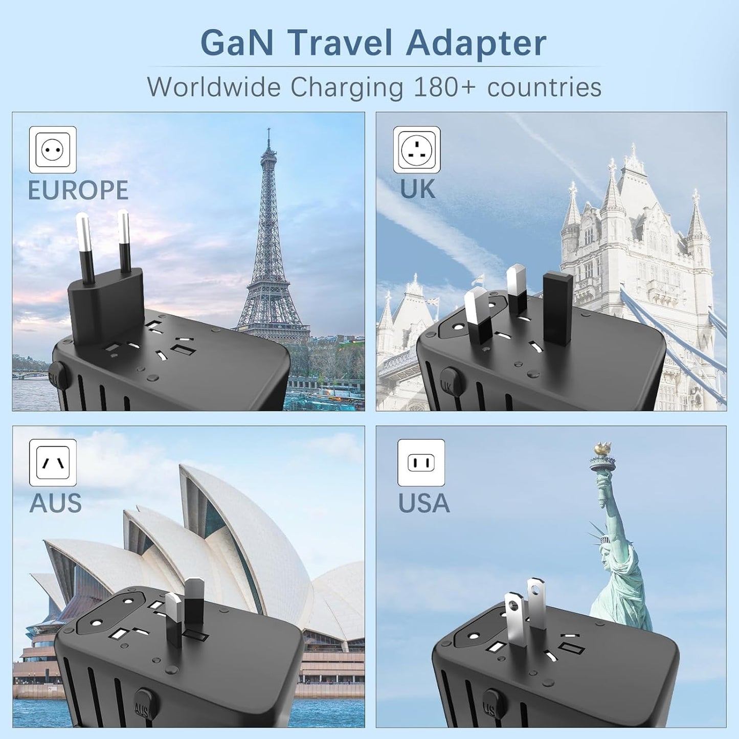 OGEDNAC Universal Travel Adapter, 65W GaN Fast Charger with 3 USB-C PD and 1 USB-A QC, International Plug Adapter with US/EU/UK/AU Worldwide Travel Socket for iPhone, Samsung, Laptops, Black