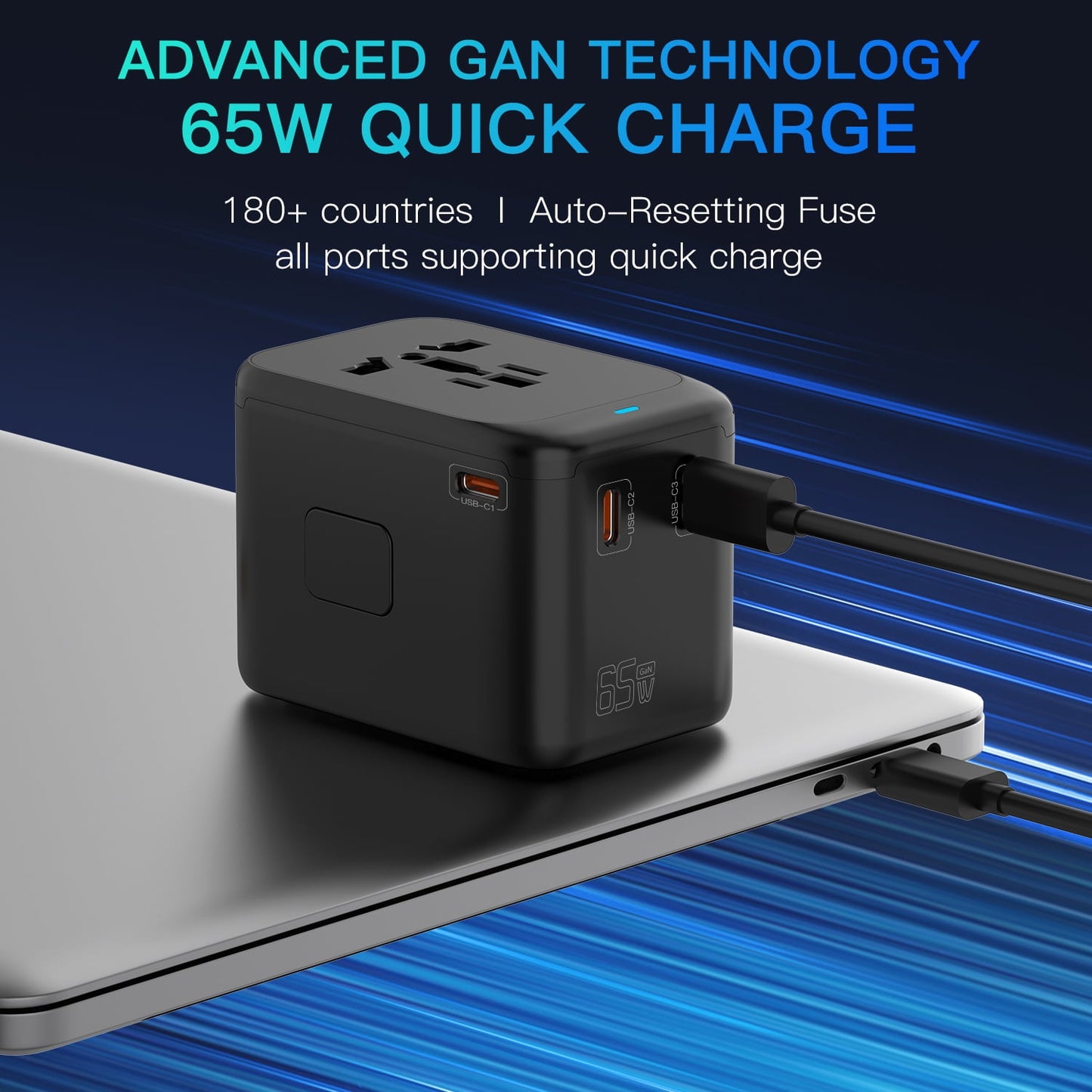 OGEDNAC Universal Travel Adapter, 65W GaN Fast Charger with 3 USB-C PD and 1 USB-A QC, International Plug Adapter with US/EU/UK/AU Worldwide Travel Socket for iPhone, Samsung, Laptops, Black