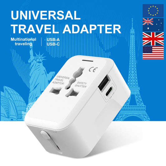 Travel Adapter Worldwide, OGEDNAC European Universal International Power Travel Plug Adapter with 2.4A Type C and 2.4A USB-A Ports Wall Charger for USA EU UK AUS Cell Phone Laptop, White